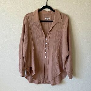 Mainstrip Gauzy Cotton Oversized Pop Over Blouse Top S Camel Tan Minimalist Boho